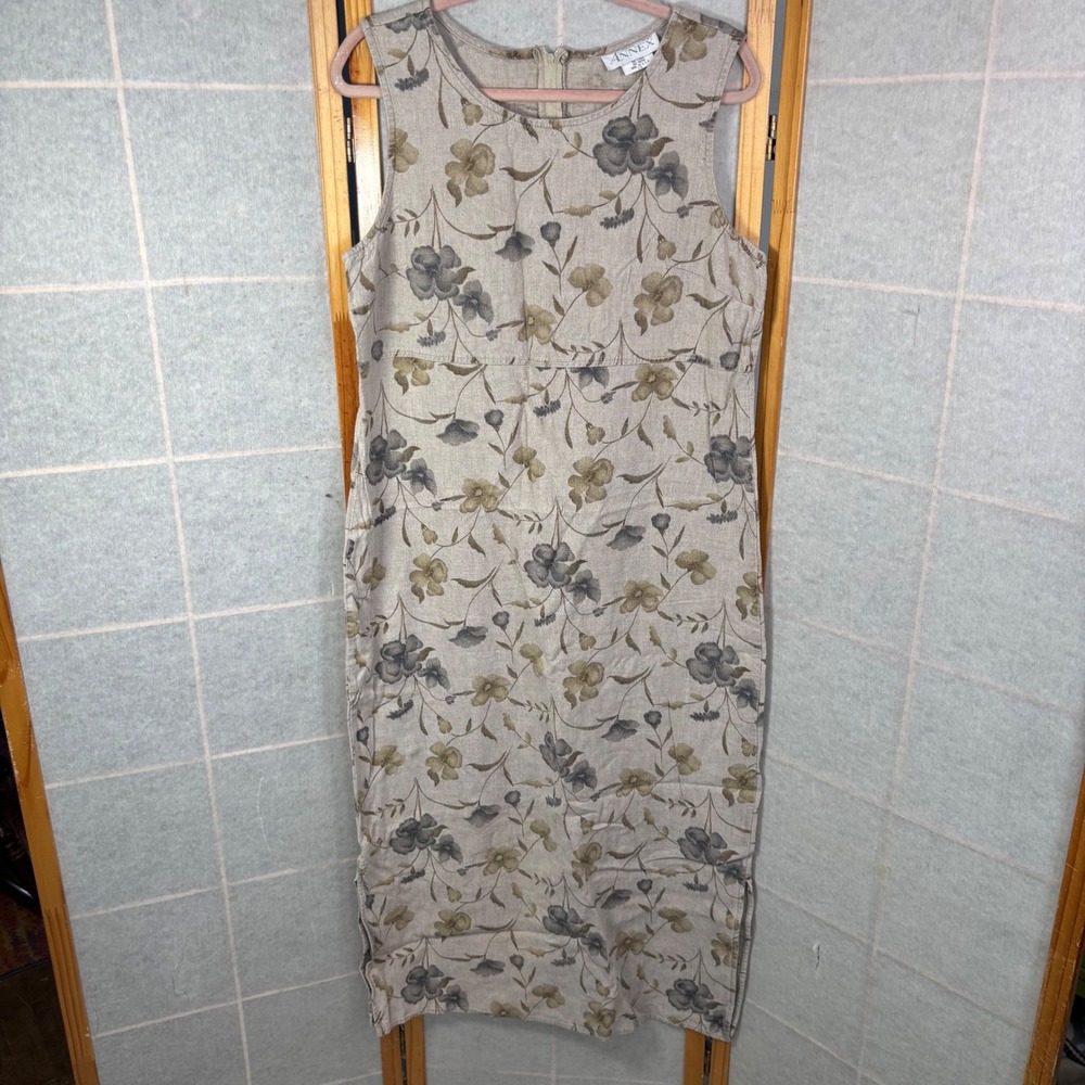 VTG Cottagecore Casual Corner Annex Floral Linen Dress 14 Beige Sleeveless Maxi